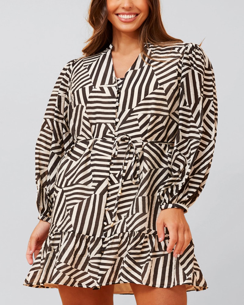 Front of a model wearing a size 2X Sylvana Dress Long Puffy Sleeve Geo Print in Black by ANNICK. | dia_product_style_image_id:353189